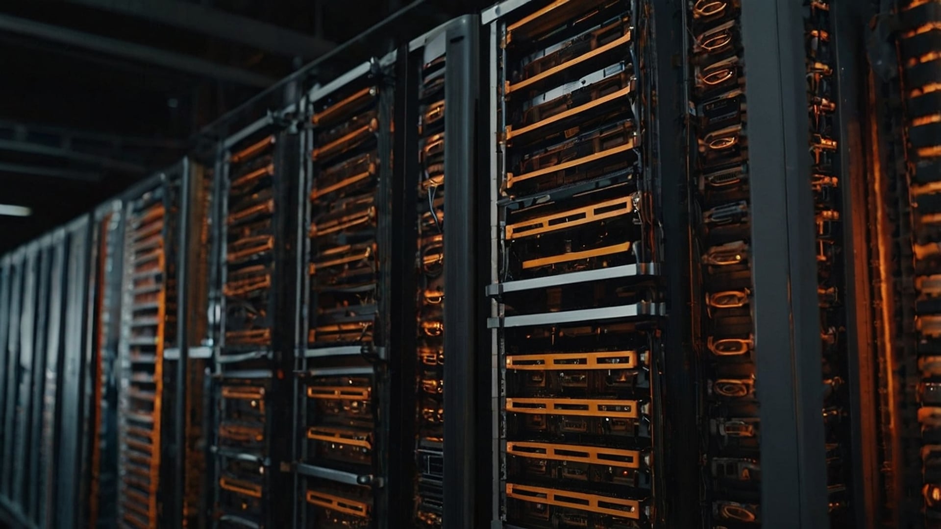 Server racks glowing burnt orange in a dark data center
